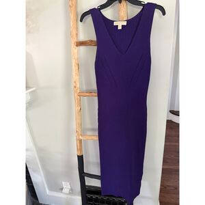 Michael Kors Medium Ribbed Bodycon Purple Sleeveless V-neck Stretch Midi Dress